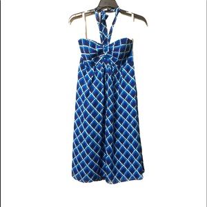 Shoshanna Blue White Diamond Print Halter Dress 100% silk shell